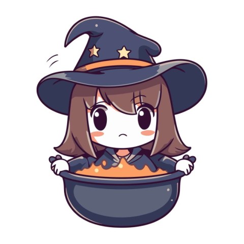 Cute cartoon witch with a pot full of halloween pumpkin