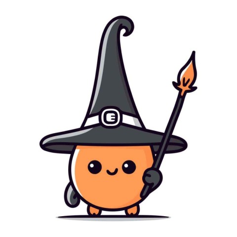 Cute Halloween pumpkin character in witch hat and broomstick vec