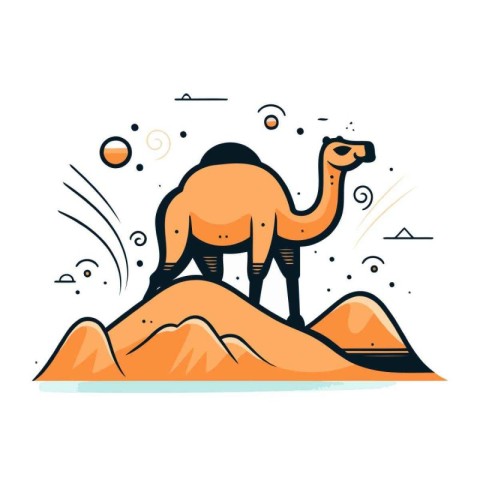 Camel on the mountain. Vector illustration in flat linear style.