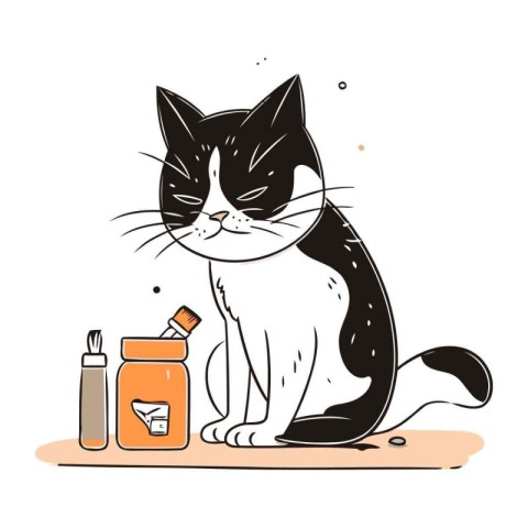 Vector illustration of a cat with a bottle of sunflower oil.