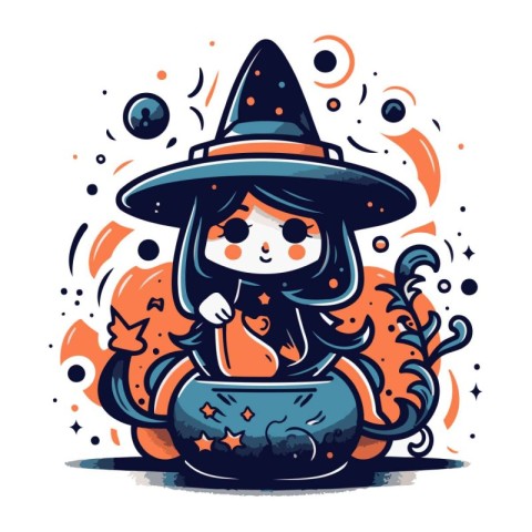 Cute little witch in a pot of potion. Vector illustration.