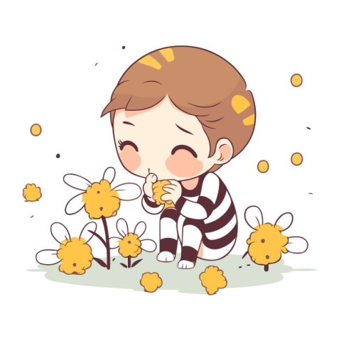 Cute little boy playing with daisy flowers. Vector illustration.