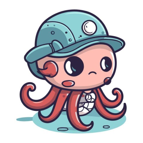Illustration of a Cute Cartoon Octopus in a Cap and Helmet