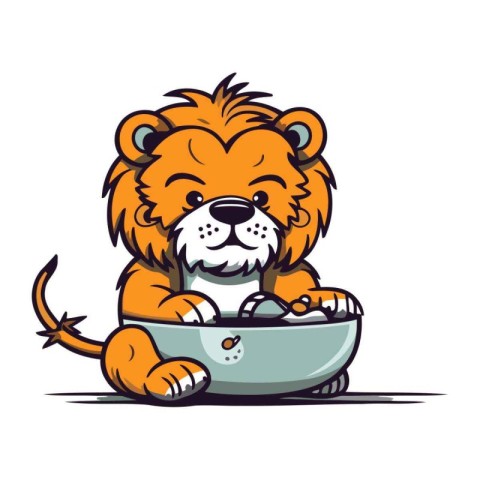 Cute cartoon lion with a bowl of water. Vector illustration.