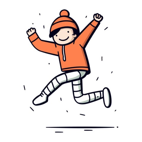 Vector illustration of a boy jumping in winter clothes. Cartoon