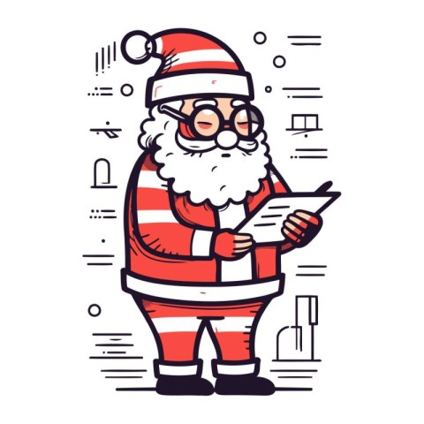 Santa Claus in glasses and red striped suit. Vector line illustr