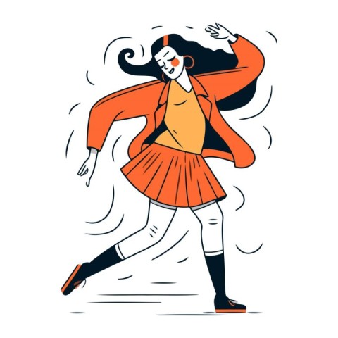 Vector illustration of a girl in a red jacket and skirt dancing.