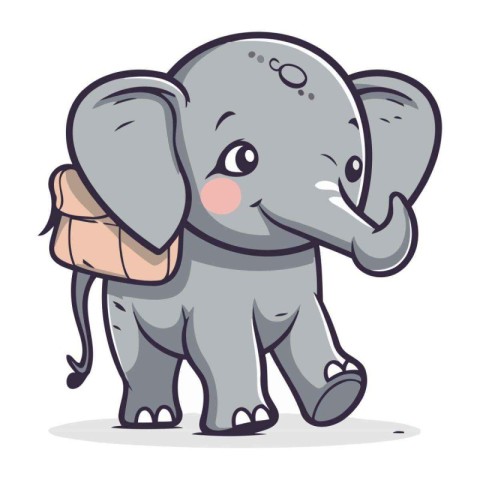 Cute little elephant with a bag on his back. Vector illustration