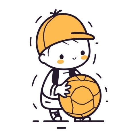 Cute little boy with soccer ball. Vector illustration in thin li