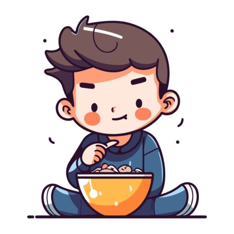 Cute boy eating cereals. Vector illustration in cartoon style.