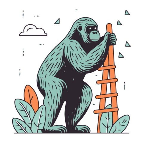 Gorilla stands near a ladder. Vector illustration in cartoon sty