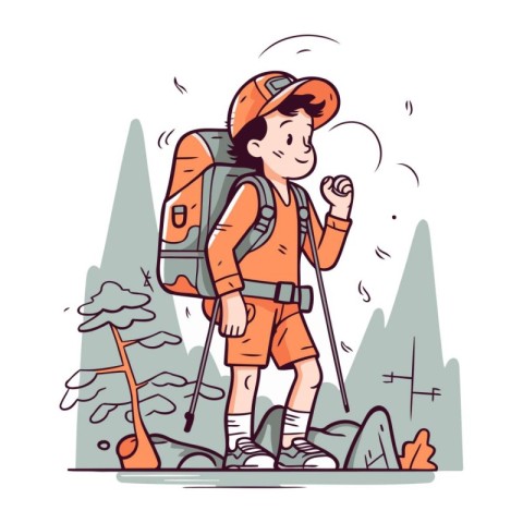 Hiking boy with backpack. Vector illustration in cartoon comic s