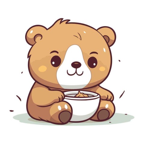 Cute cartoon bear with a bowl of milk. Vector illustration.