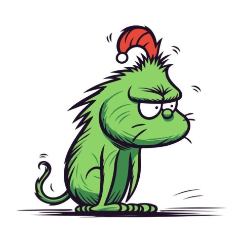 Cartoon green iguana with Santa Claus hat. Vector illustration.