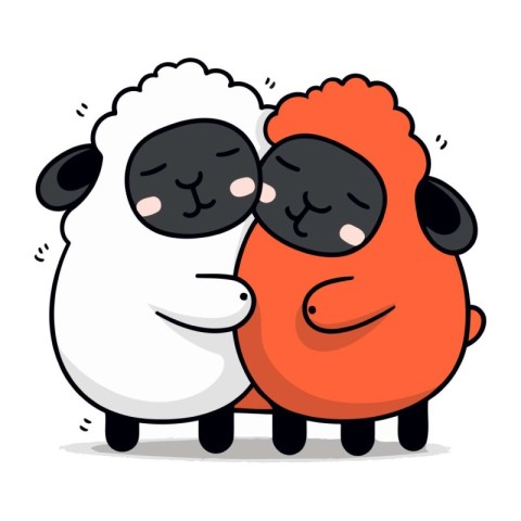 Cute cartoon sheep hugging each other. Vector illustration on wh