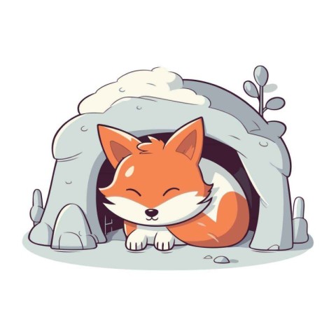 Cute fox in a cave. Vector illustration isolated on white backgr