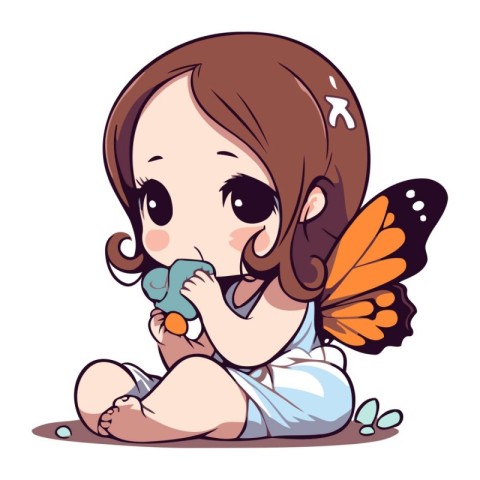 Cute little girl playing with a toy butterfly. Vector illustrati