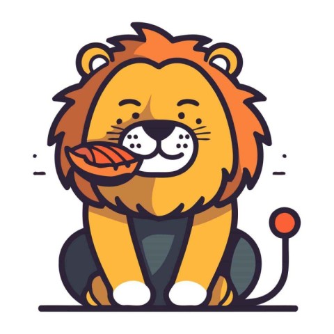 Cute lion with a bone in his mouth. Vector illustration.