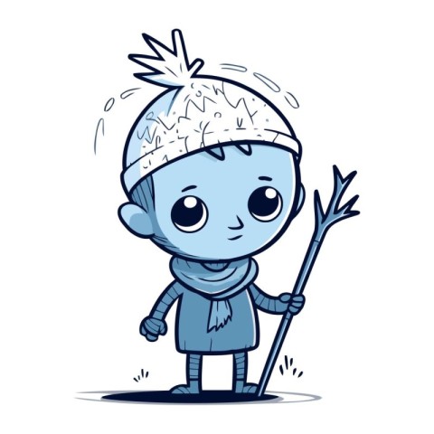 Cute little boy in winter clothes holding a spear. Vector illust