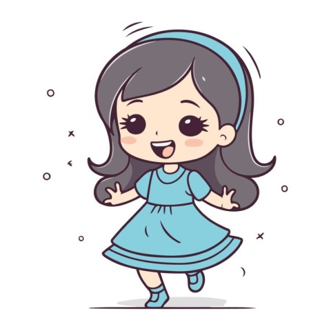 Cute little girl in blue dress. Vector cartoon character illustr