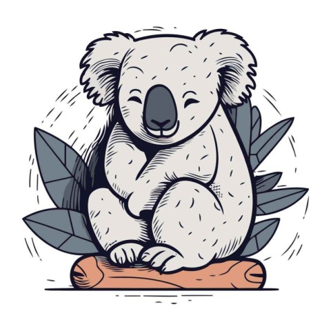 Koala sitting on a log with leaves. Hand drawn vector illustrati