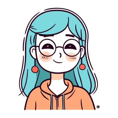 Cute cartoon girl with blue hair and glasses. Vector illustratio