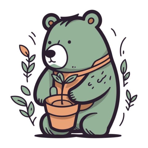 Cute bear with a flower in a pot. Vector illustration.