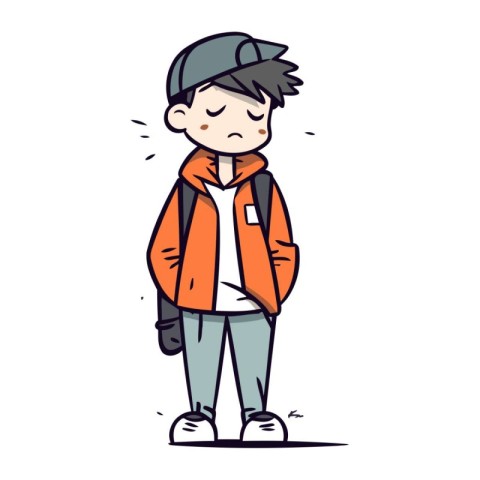 Sad boy with backpack. Vector illustration in doodle style.