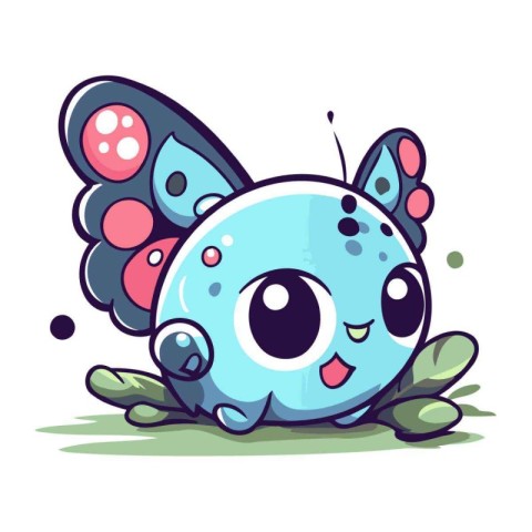 Cute cartoon butterfly sitting on green grass. Vector illustrati