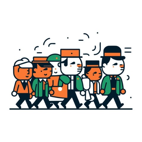 Vector illustration of workers walking in a line. Line art desig