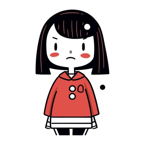 A cartoon illustration of a girl wearing a coat with sad eyes.