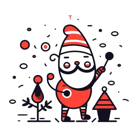 Cute santa claus with christmas tree and snowflakes. Vector illu