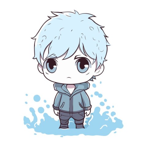 cute anime boy with blue hair in winter clothes vector illustrat