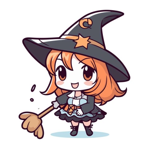 Cute cartoon witch girl with magic wand. Halloween vector illust