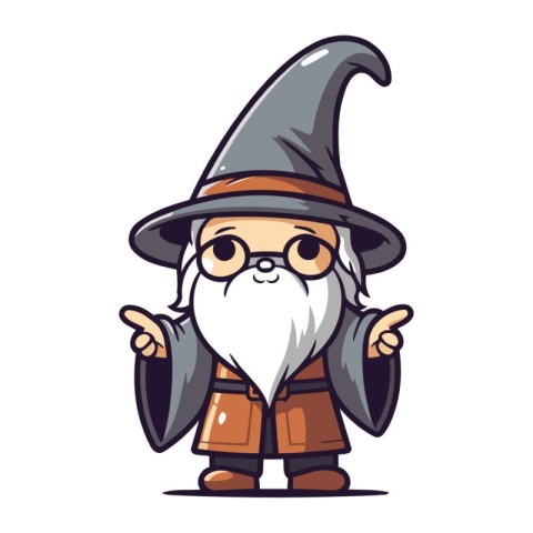 Cute Cartoon Wizard Wearing Old Fashioned Clothes. Vector Illust