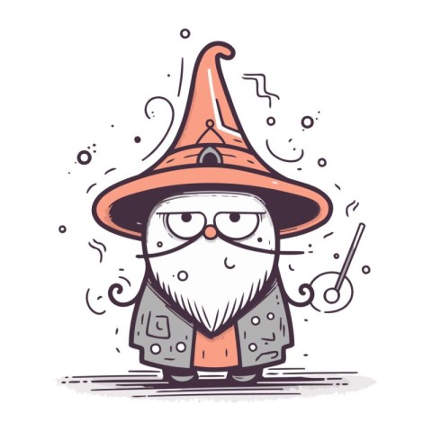 Cartoon wizard with magic wand and magic hat. Vector illustratio