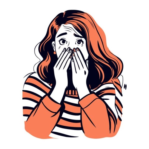 Young woman sneezing and covering her mouth. Vector illustration