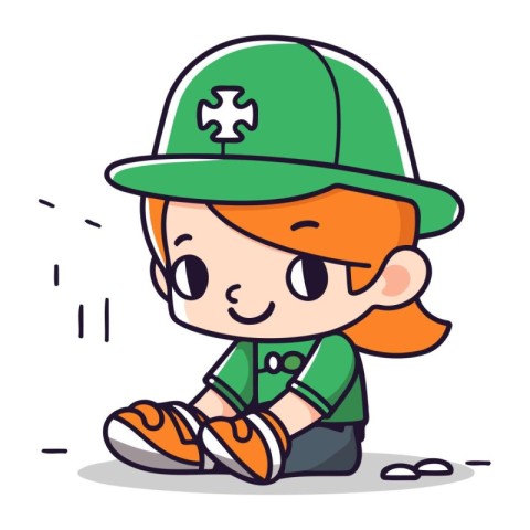 Little Girl Wearing Green Cap Sitting and Smiling Vector Illustr