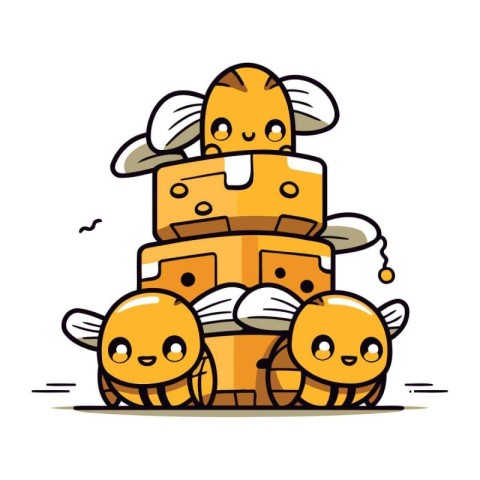 Cute cartoon bees holding big stack of cheese. Vector illustrati