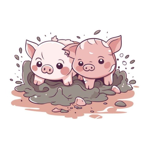 Cute pig and piglet in mud. Farm animals. Vector illustration.