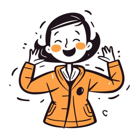 Illustration of a woman wearing a raincoat with her hands up