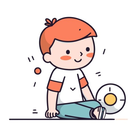 Boy sitting on the floor with a CD in his hand. Vector illustrat