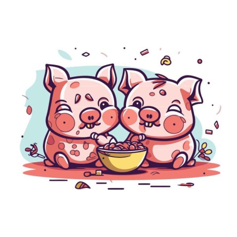 Cute cartoon piglets with bowl of cereals. Vector illustration.