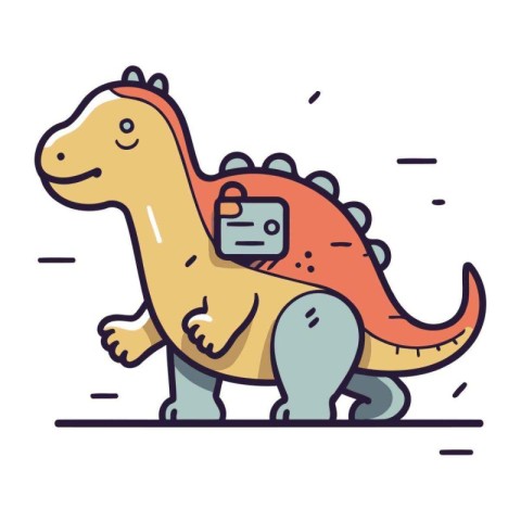 Cute dinosaur with a briefcase in his hand. Linear vector illust