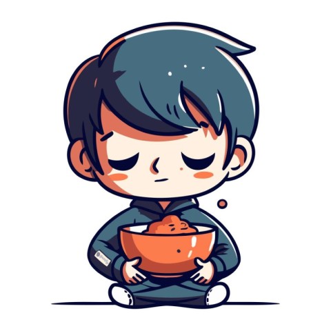 Illustration of a Cute Little Boy Eating a Bowl of Food