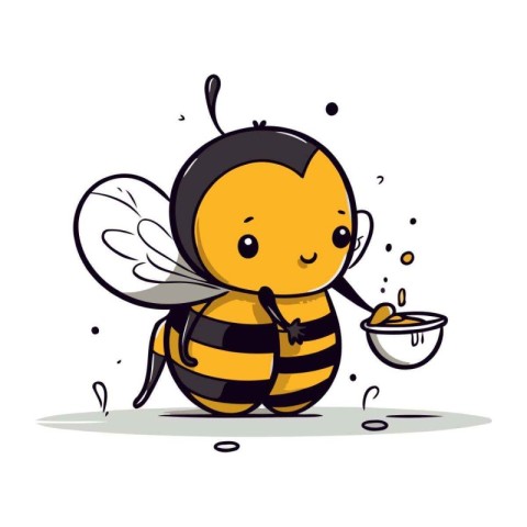 Cute cartoon bee with a bowl of honey. Vector illustration.