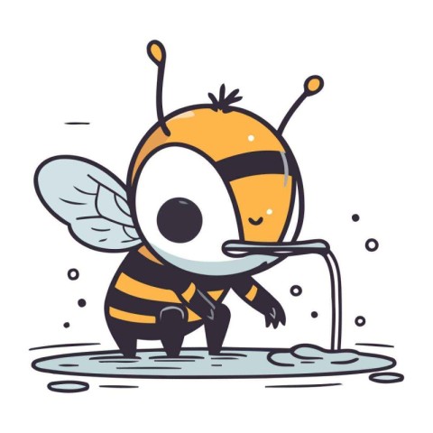 Cute cartoon bee in puddle of water. Vector illustration.