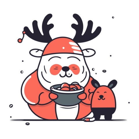 Cute cartoon reindeer in Santa Claus costume holding a bowl of f