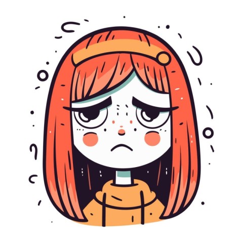 Cute cartoon girl with sad face. Vector illustration in doodle s