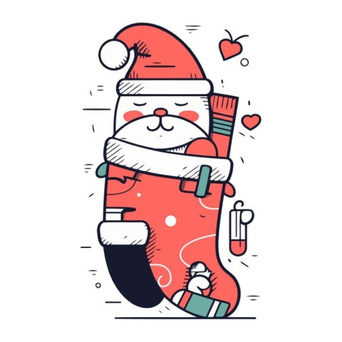 Cute Santa Claus in red sock with presents. Vector illustration.